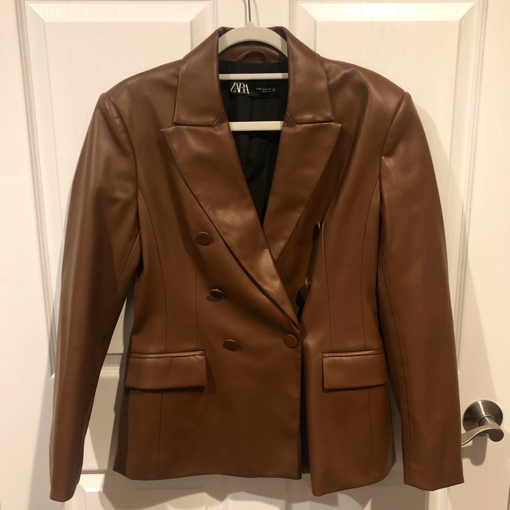 Zara Faux Leather Brown Blazer